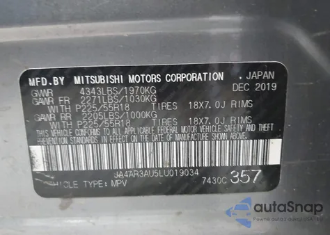 2020 Mitsubishi Outlander Sport 2.0 Be Awc z USA, uszkodzony, nr VIN JA4AR3AU5LU019034